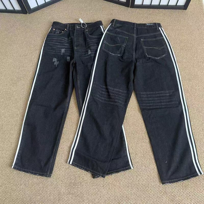 Hot item: Paris-style co-branded washed striped wide-leg jeans with three stripes, high street loose straight wide-leg pants