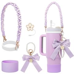 スタンリー水カップロープシリコンリングストラップカップカバークリエイティブ蝶結び真珠チェーンキーホルダー花ストローキャップ