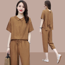 胖妹妹大码两件套女装2023夏季韩版新款时尚短袖棉麻七分裤套装女