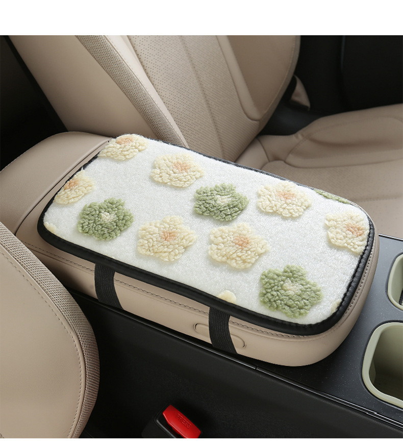 2025 Trendy Winter Lamb Wool Car Armrest Box Mat with Small Flowers in 6 Colors, Sweet Decorative Mat, Storage Bag, Protective Mat