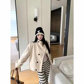 2025冬季新款慵懒风宽松双排扣立领休闲简约正肩长袖毛呢外套女潮