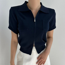 韩国女装高货chic 东大门 新款翻领双头拉链口袋短袖针织衫女