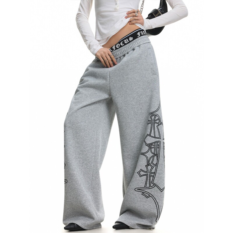 Hip-Hop Gothic Cross Print Double Waistband Jazz Dance Wide-Leg Pants for Women, Summer Slimming and Leg-Shaping Wide-Leg Pants