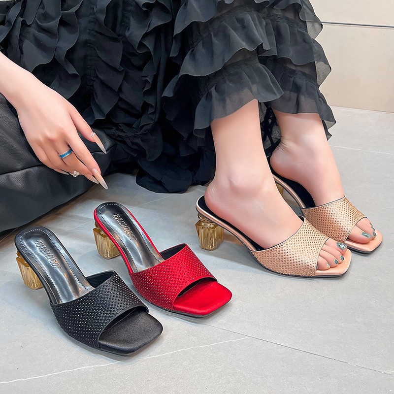 25 New High-end Perfume Square-toed Slippers, Feminine And Fashionable Rhinestone High-heeled Slippers For Women,_vogvips.com