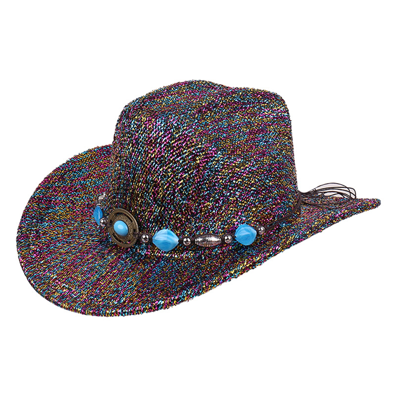 Vento vaquero occidental primavera y verano nicho personalidad de seda brillante sombrero vaquero de poliéster fiesta al aire libre escenario cos jazz