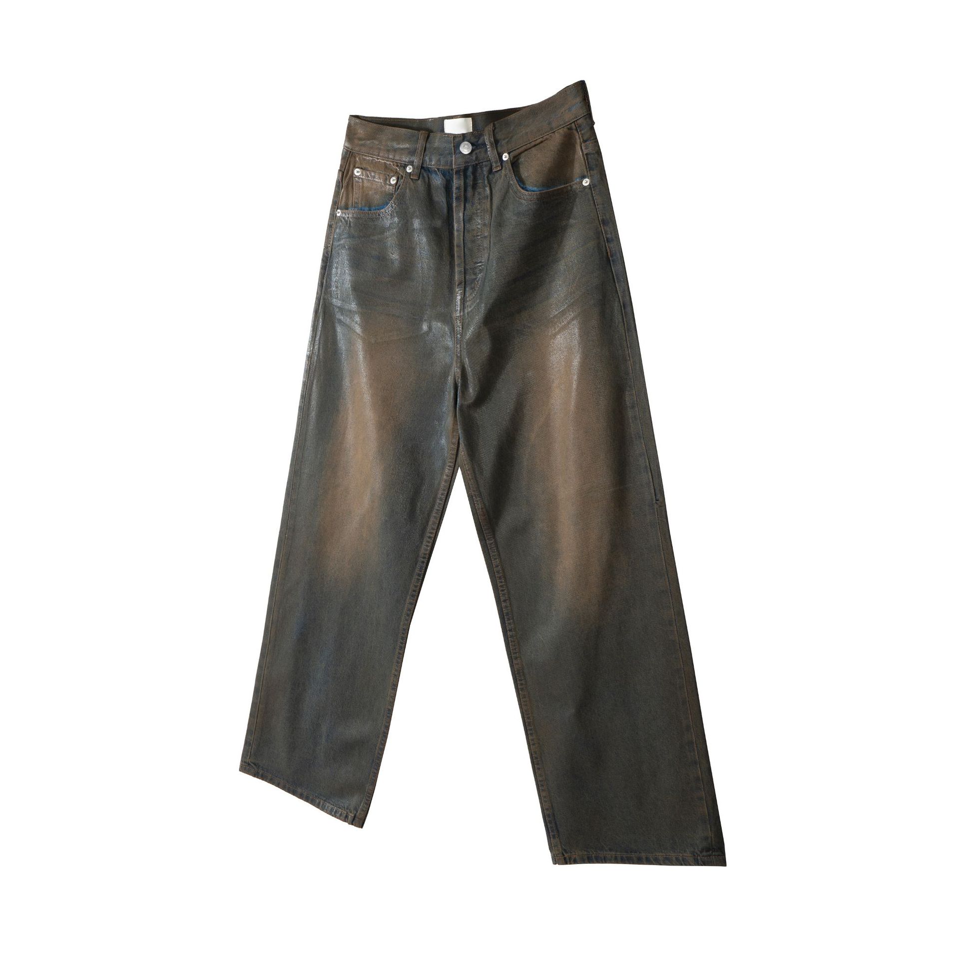 Herrenbekleidung High Street Lockerer Jeans-Overall im Pariser Stil mit Wachsbeschichtung und leicht ausgestelltem Bein_voghion.com