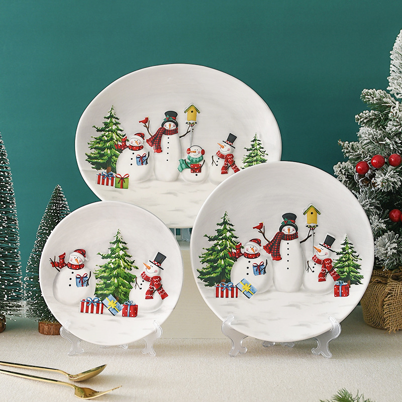 Nórdico país Navidad muñeco de nieve disco de cerámica estilo occidental plato oval postre placa hogar vajilla en relieve