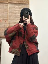 2025秋冬新款复古做旧印花短棉麻正反面两穿休闲V领保暖棉服款女