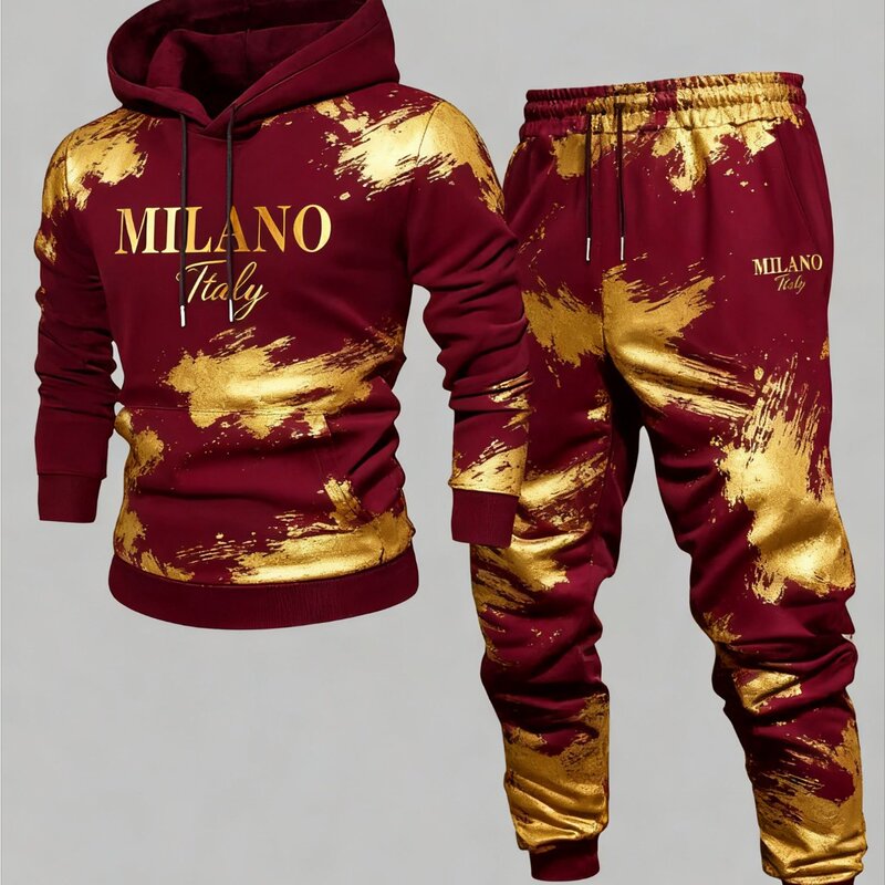 Temu Spot New Autumn and Winter Men's Printed Fleece Edge Hoodie Long-Sleeved Sweatshirt and Drawstring Pants Couple Wear