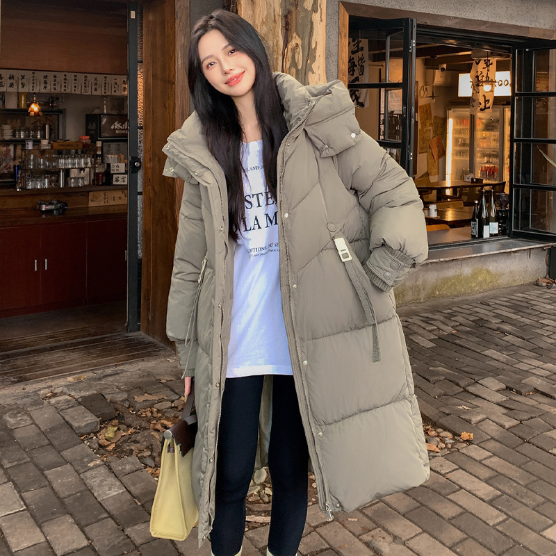 2025 nueva mujer de invierno largo y medio engrosado chaqueta de algodón de pluma caliente con capuchón grueso chaqueta de algodón de color sólido