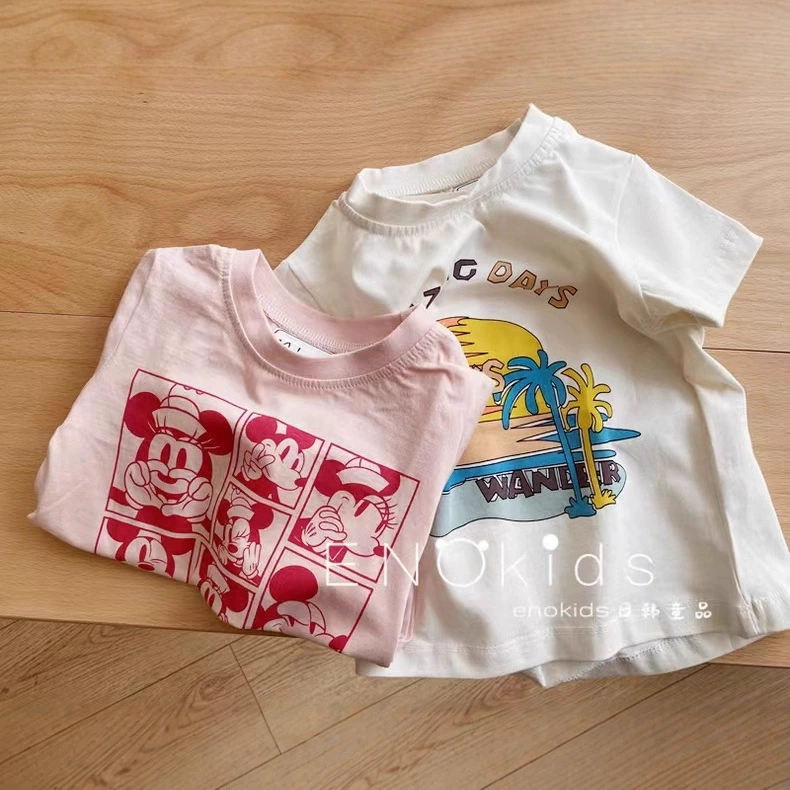 Children's Cotton Summer Cartoon T-Shirt, Oversize Short Sleeve, High Collar