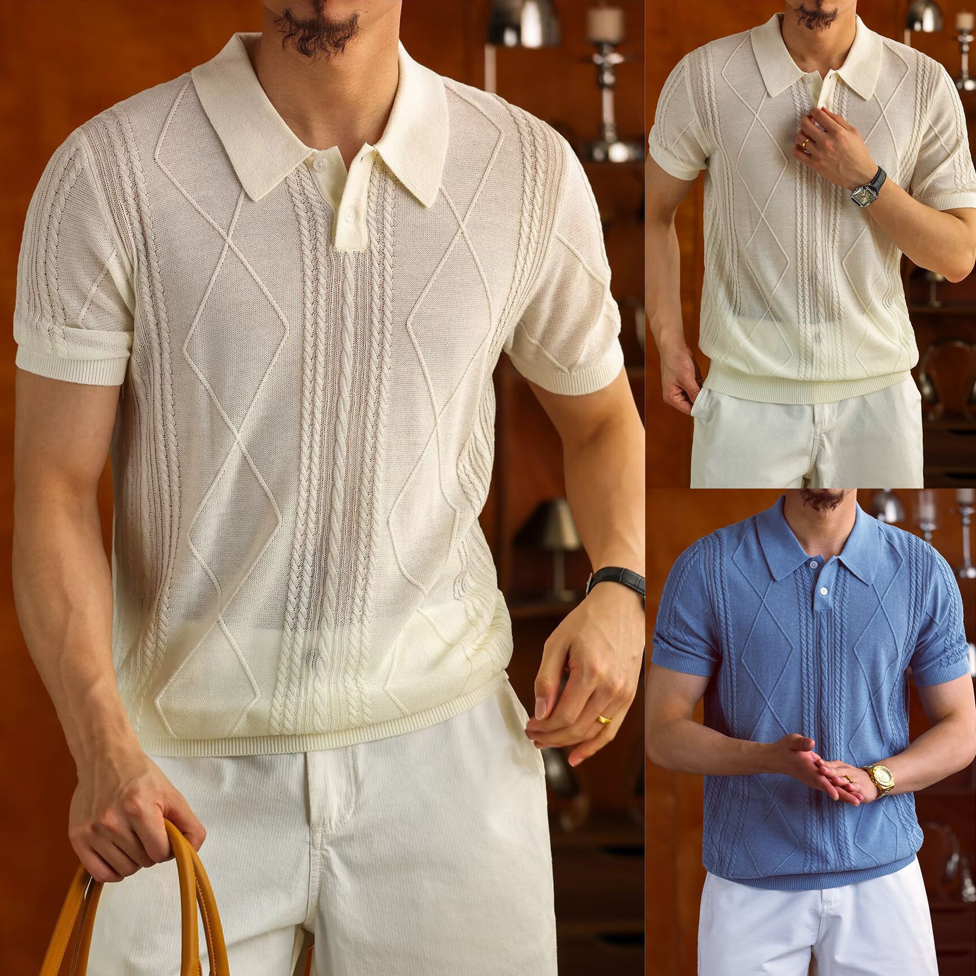 Polo camiseta camiseta de punto camiseta de manga corta camiseta de hombre estereoscópico torsión flor vieja viento de verano fábrica transfronteriza al por mayor