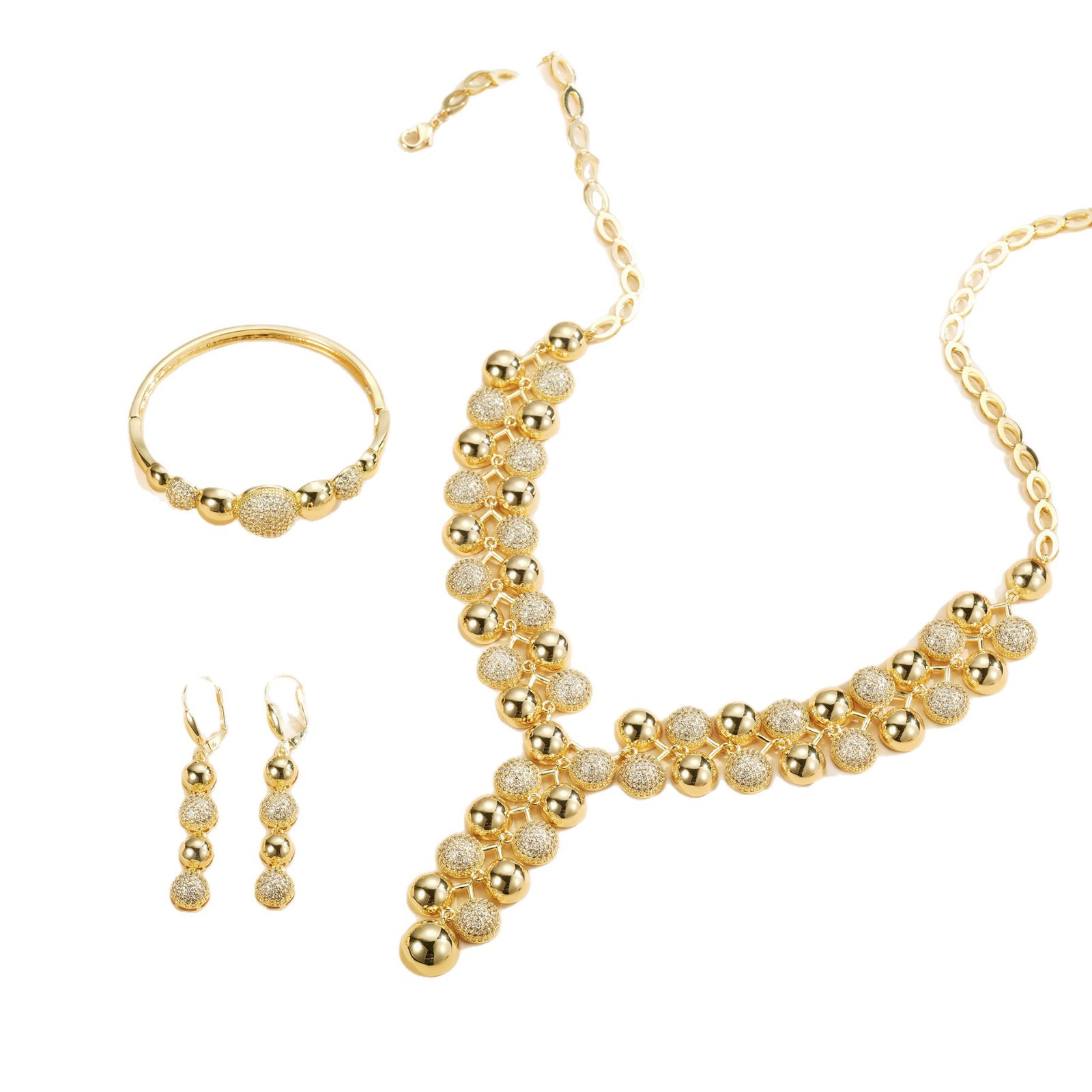 Diseño de moda de alta gama, cuentas de diamante, collares, pendientes, pulseras, anillos, 14K, cuatro piezas, conjunto de bronce