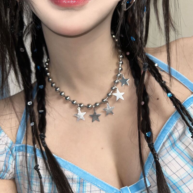 Large Round Bead Five-Pointed Star Necklace for Women, Clavicle Chain Choker, Niche Design, Y2K Chain, Layered Zircon