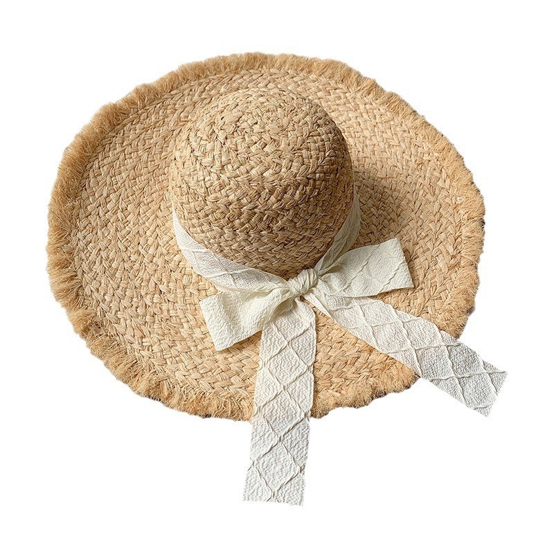 French Style Bow Raffia Straw Hat For Women - Summer Wide Brim Sun Protection Hat For Beach Vacation - Thumbnail 5