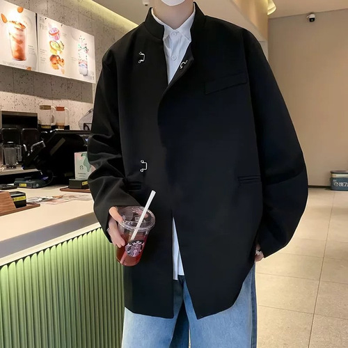 Autumn Korean Business Metal Button Decorated Men's Asymmetrical Design Sense Minority Western Suit Jacket Chinese Style