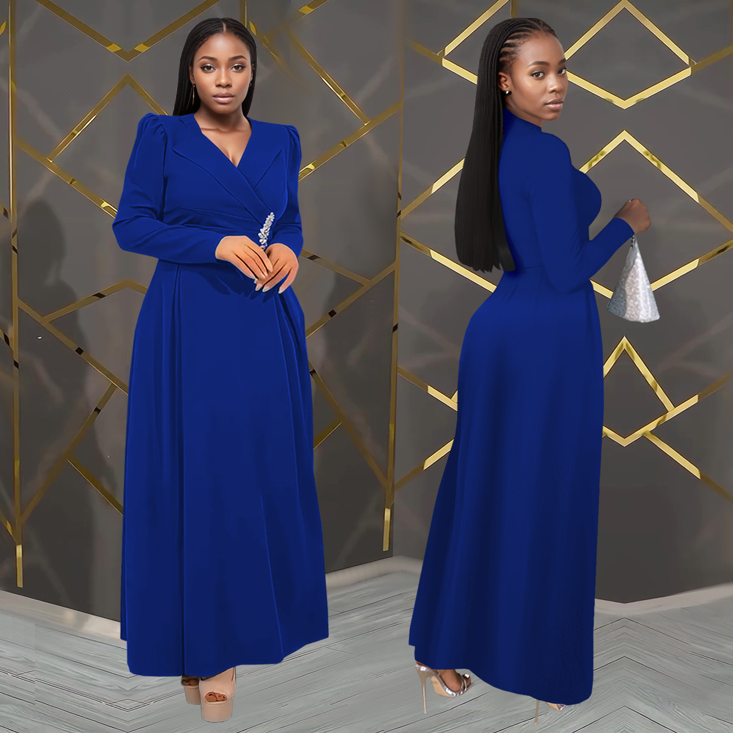 C7411 Cross-border AliExpress Amazon Moda europea y americana Vestido de manga larga con solapa cruzada