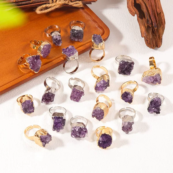 Natural Amethyst Cluster Electroplated Phnom Penh Opening Ring Fashion Temperament Irregular Crystal Original Stone Ring Cross Border