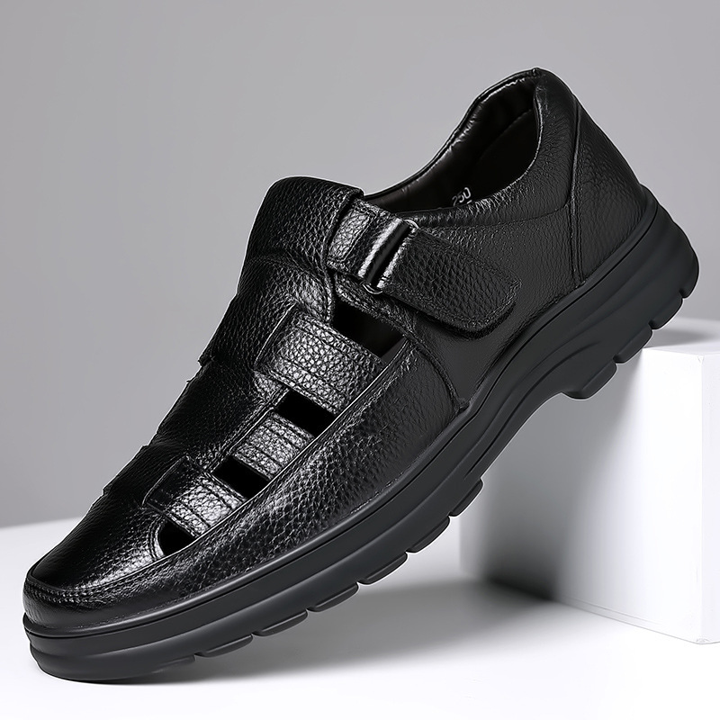 Men's Summer Sandals, Genuine Leather, Hollowed-Out, Breathable, Casual Perforated Leather Shoes, Large Size 46, Soft Sole, Non-Slip, for Middle-Aged and Elderly Men Men's Summer Sandals, Genuine Leather, Hollowed-Out, Breathable, Casual Perforated Leather Shoes, Large Size 46, Soft Sole, Non-Slip, for Middle-Aged and Elderly Men