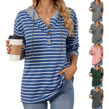 亚马逊欧美跨境外贸2024秋冬新款条纹撞色拼接连帽长袖宽松卫衣女