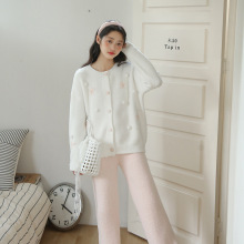 冬季新品 甜美手钩花毛球软绵绵睡衣 圆领开衫加厚可外穿家居服女