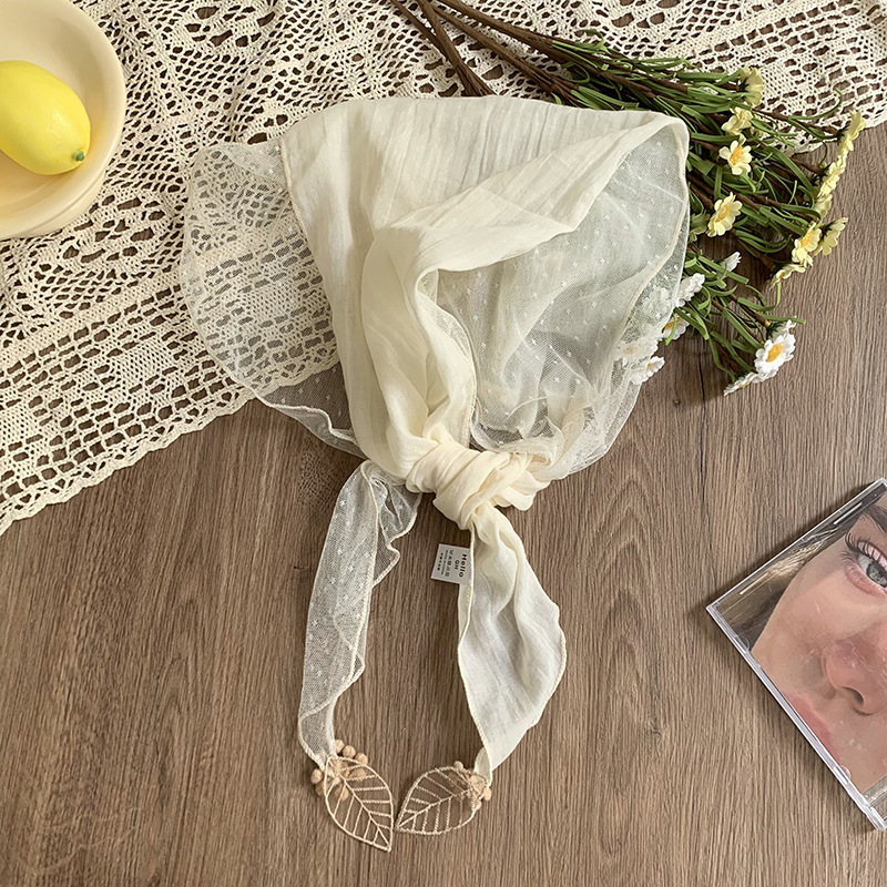 Pañuelo de seda de encaje, estilo literario de alta gama, colgante de hoja fina, bufanda pequeña, pañuelo en la cabeza, diadema pastoral femenina de verano, accesorios para el cabello