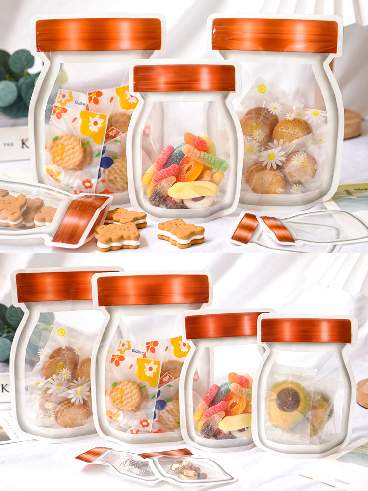 Botella de Mason bolsa de sellado bolsas de embalaje de galletas dulces bolsas de embalaje de bocadillos bolsas de almacenamiento de plástico transparente