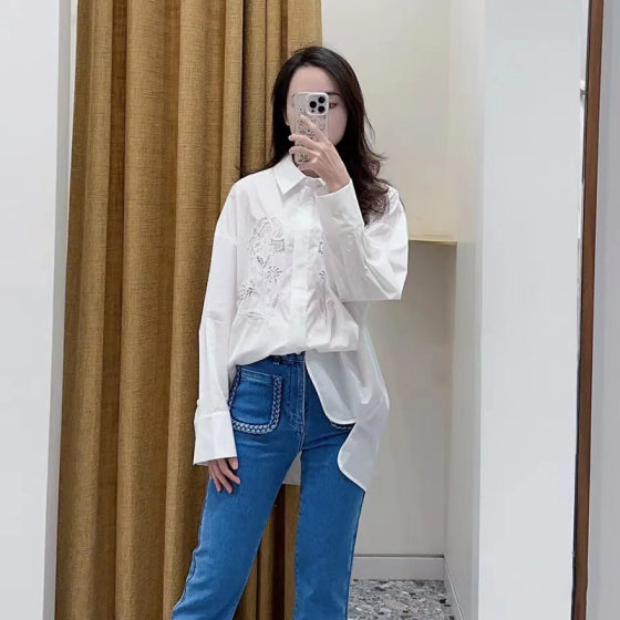 2024 spring and summer temperament design floral hollow long sleeve POLO collar solid color collar shirt