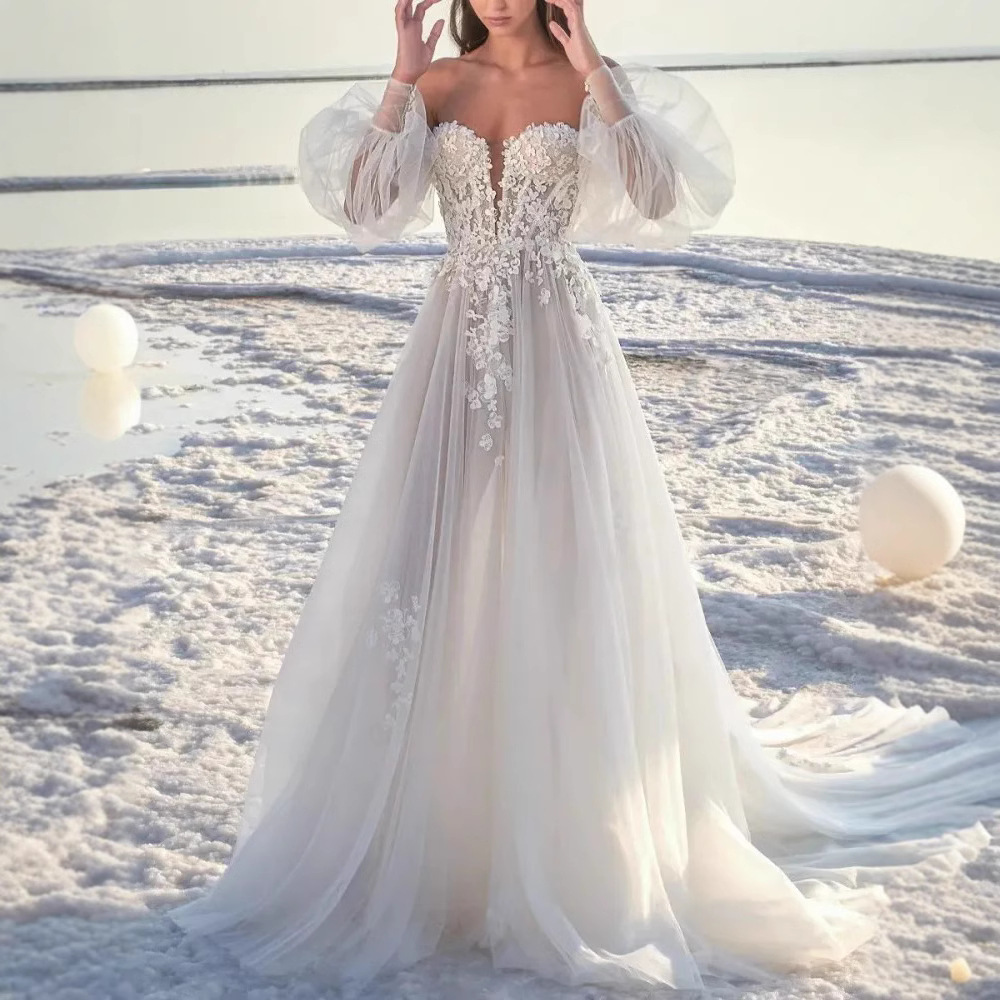 New Style Slimming Lace Long Sleeved Backless Wedding Dress Sheer Mesh Short Train For Travel Photography Women's Clothing_ecoleips.com