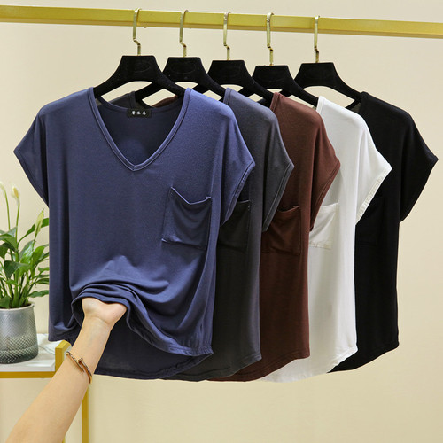Stylish Loose V-Neck Pocket Short-Sleeve T-Shirt for Women - Summer Thin Single-Sleeve Top for a Slimming Effect, Pure Color Casual Underwear