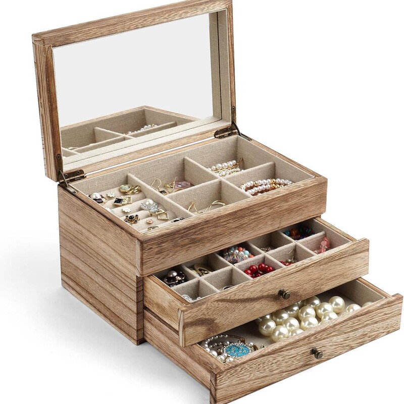 Customized Solid Wood Jewelry Box, Double-Layered Women's Jewelry Box with Mirror and Clasp, Ring Tray, Vintage Style Wooden Display Box