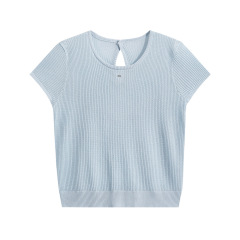 フランスの背中の透かし彫りの肩のtシャツの女性の夏の薄いストライプのデザイン感のニットの半袖のギャルの上着の高級感
