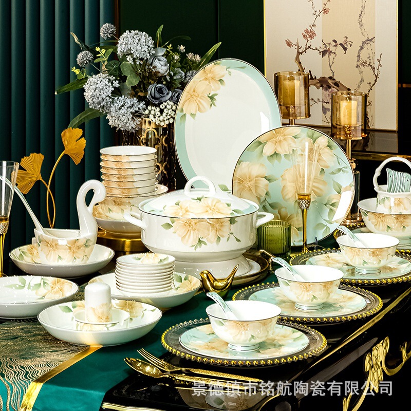 Bowl and dish suit Jingdezhen High-end new bone china tableware household bowl and plate full set housewarming gift customization wholesale