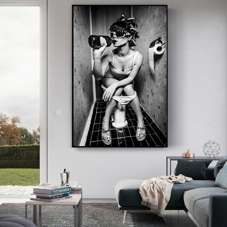 Toilet sexy girl Nordic canvas painting art poster printing wall black and white wall decorative painting 2