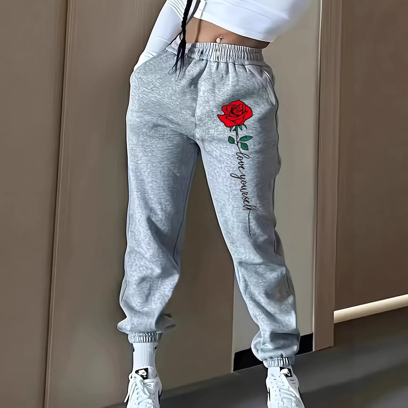 Amazon Women's High-Waisted Elastic Jogging Pants Red Rose Print Loose Fit Long Sweatpants 1012 Print