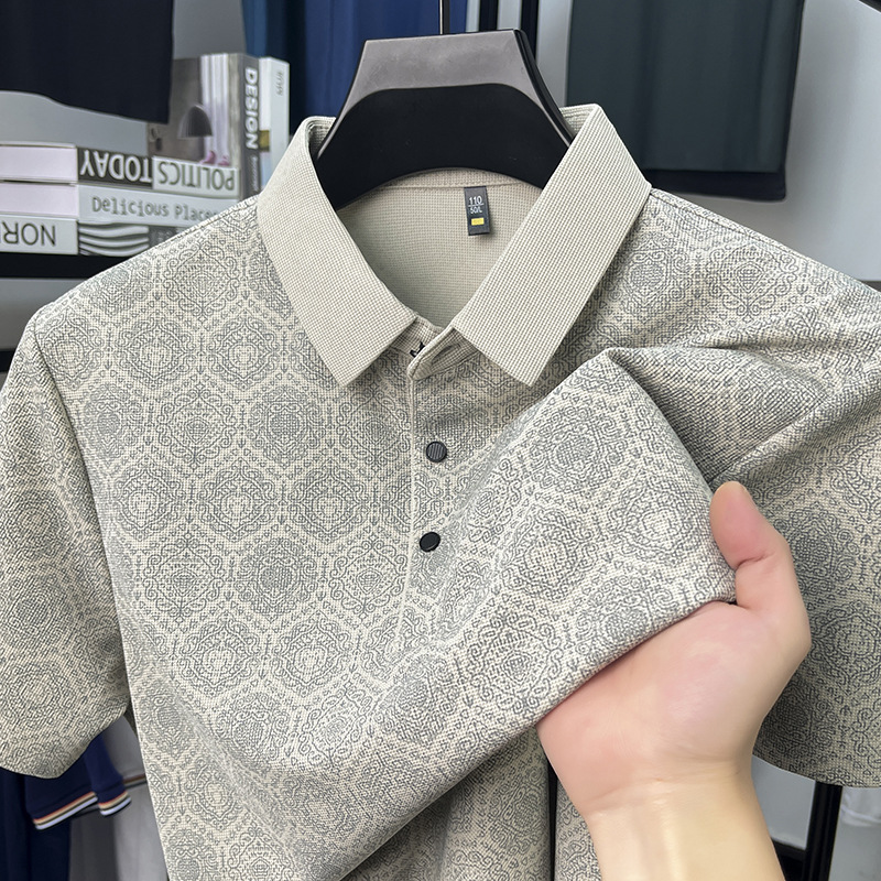 Men's short-sleeved T-shirt, cross-border style, 2026 summer new style, all-over print waffle knit collar, breathable short-sleeved polo shirt for middle-aged men.