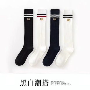 Two bars academic style tube socks horizontal stripe letter embroidery knee-high calf socks solid color thin JK women's socks