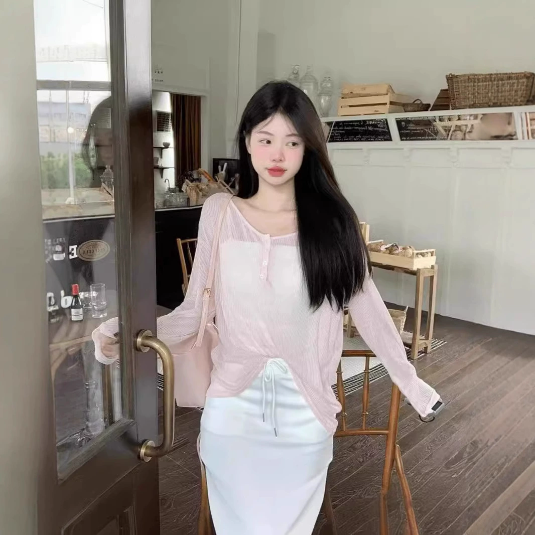 微与 ~Lanky style loose and slim-looking top pure backless pink sunscreen blouse women's lace-up blouse