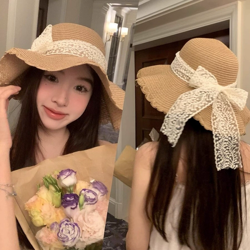 Beach hat vacation fashionable summer sun protection sunshade sweet fisherman breathable lace bow big veil women