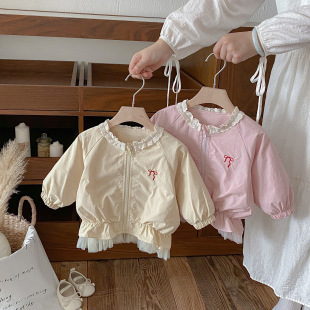 Baby Girl Lace Outwear Spring & Fall Korean Style Children's Clothing 2025 New Sweet and Stylish Splicing Mesh Girls Windbreaker