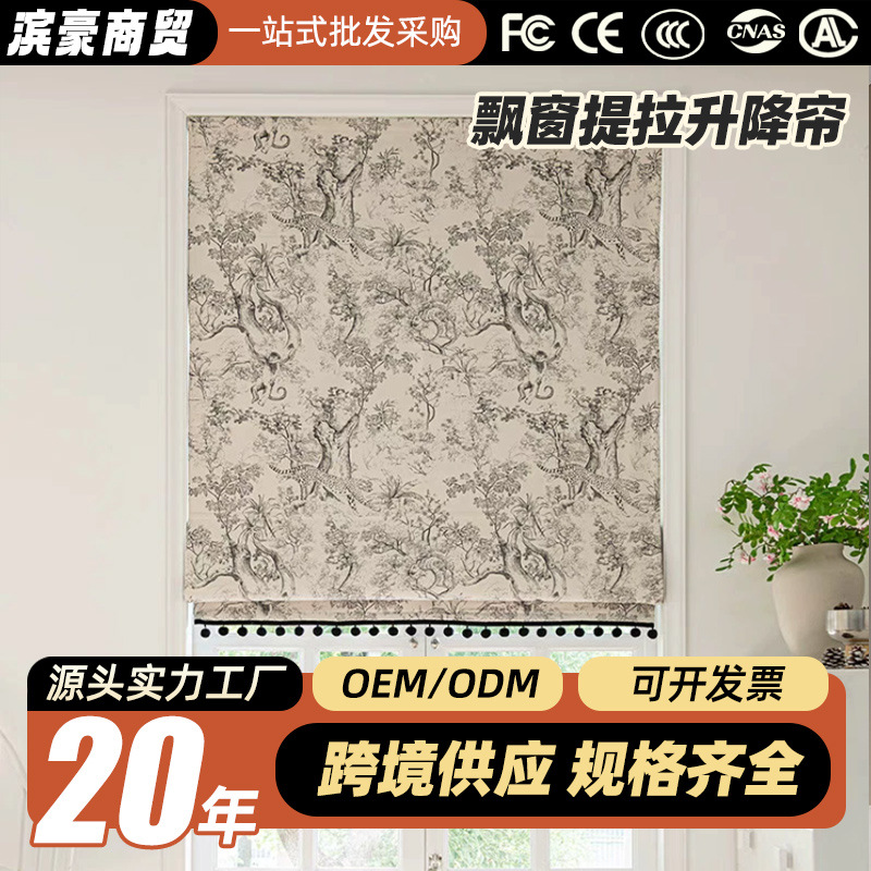 可定卧室客厅书房飘窗提拉升降帘布卷帘遮光法式花边毛球罗马窗帘