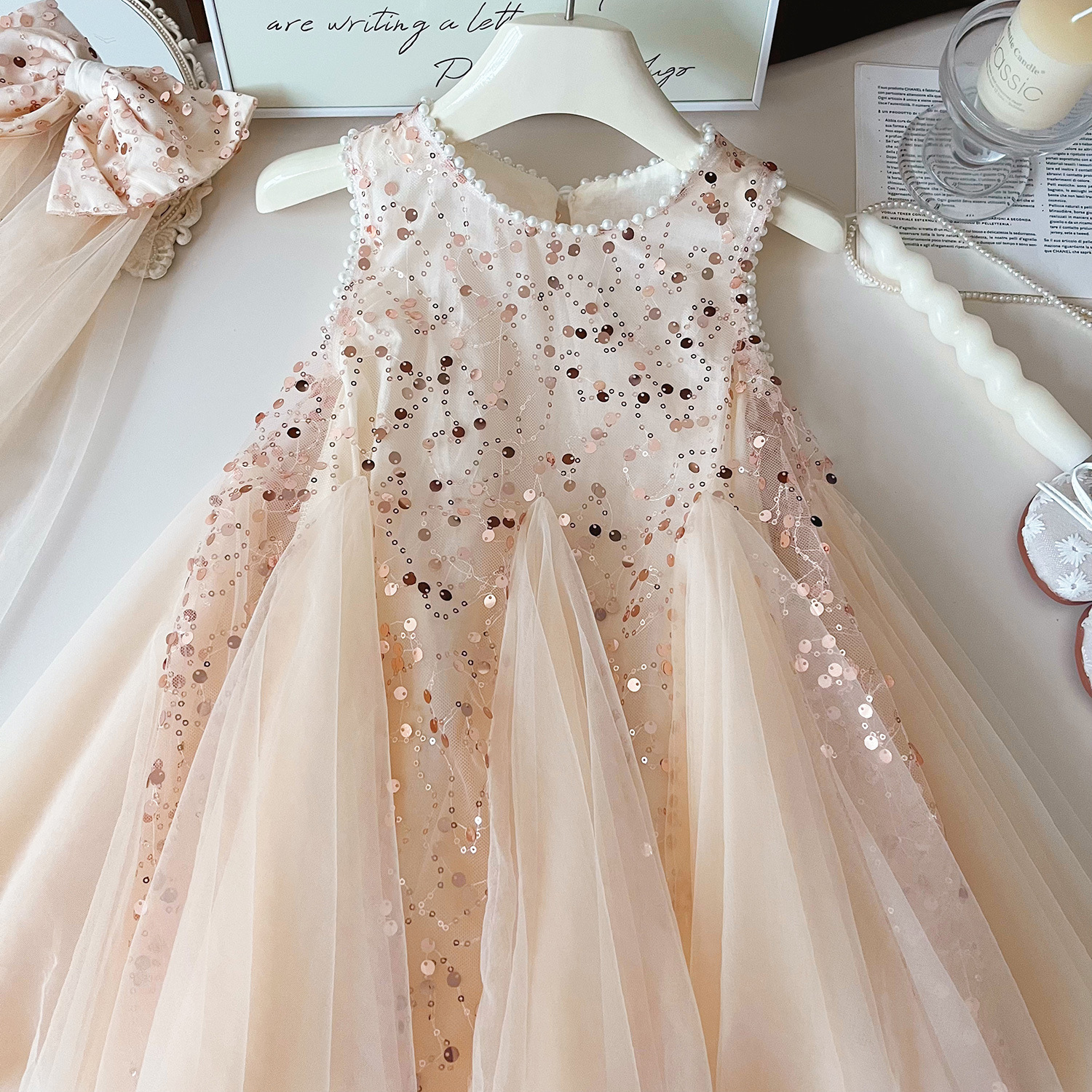 Robe de princesse en maille à paillettes pour filles, nouvelle version coréenne de l'été 2024, sans manches, 24329_voghion.com