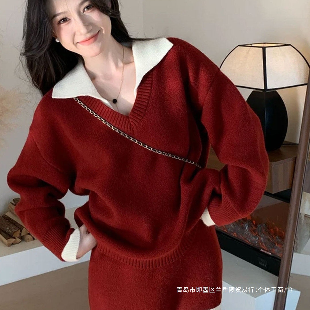 圣诞氛围感新年穿搭红色毛衣套装女秋冬宽松慵懒针织衫短裙两件套