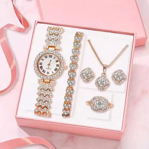 Foreign trade best-selling versatile diamond-encrusted women's luxury orange five-piece gift box quartz wrist watch