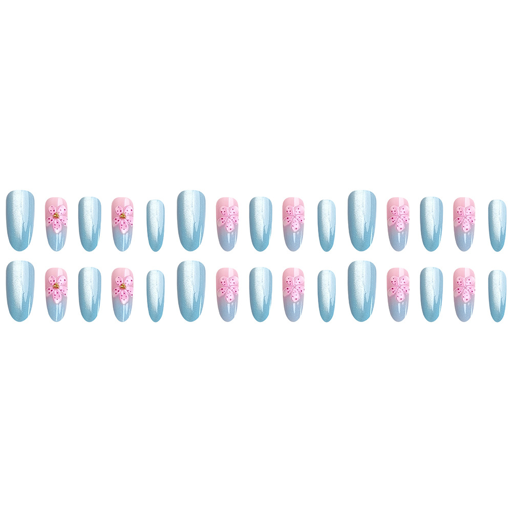 Flores 3D estereoscópicas azules de hielo ojos de gato usar uñas 30 piezas de verano atmósfera de uñas blancas falsas transfronterizas suministro directo image 6