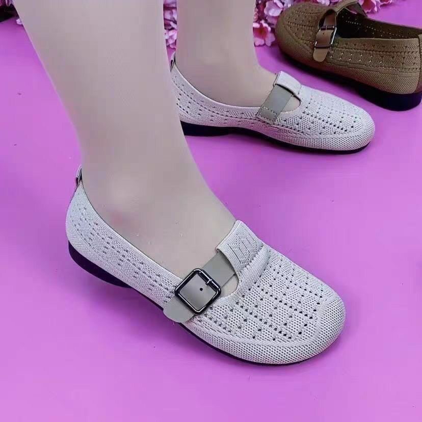 Giày lười nữ thân lưới dệt thoáng khí, đế mềm chống trượt, kiểu xỏ chân tiện lợi — A66 Giày nữ dệt flyknit - Màu nâu cà phê, A66 Giày nữ dệt flyknit - màu trắng kem chi tiết 3