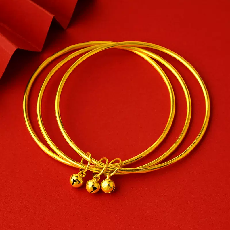 三生三世素圈带铃铛吊坠手环女士爆款足金古法传承简约风手镯