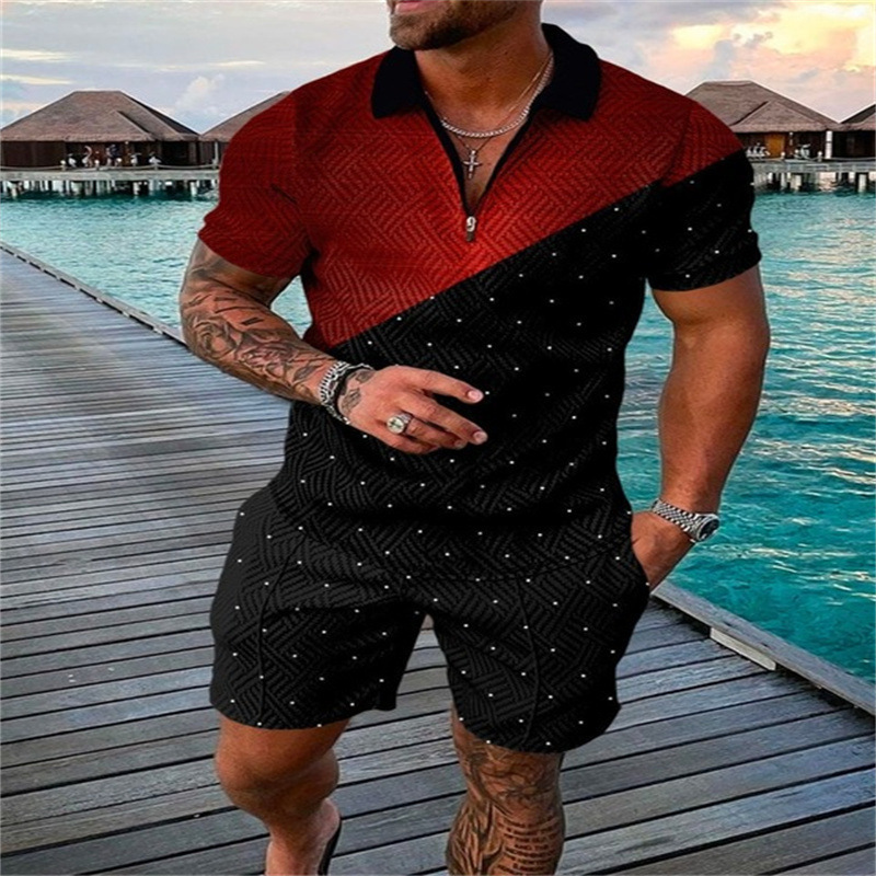 2025 Europe and the United States cross-border new men's 3DPOLO shirt suit lapel short sleeve pullover casual men's suit