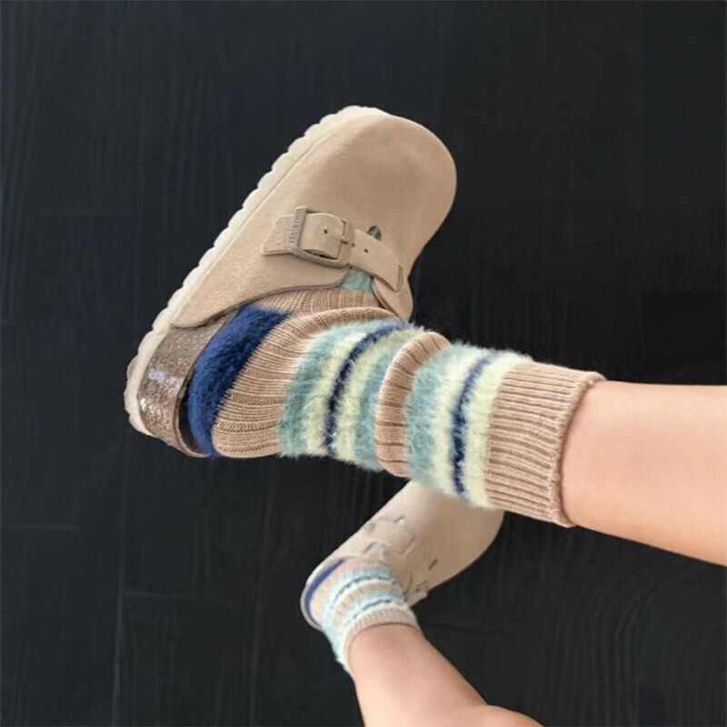 Imitation Mink Mid-Calf Socks for Women, Winter Striped Fleece-Lined Thick Warm Knit Socks to Match Snow Boots