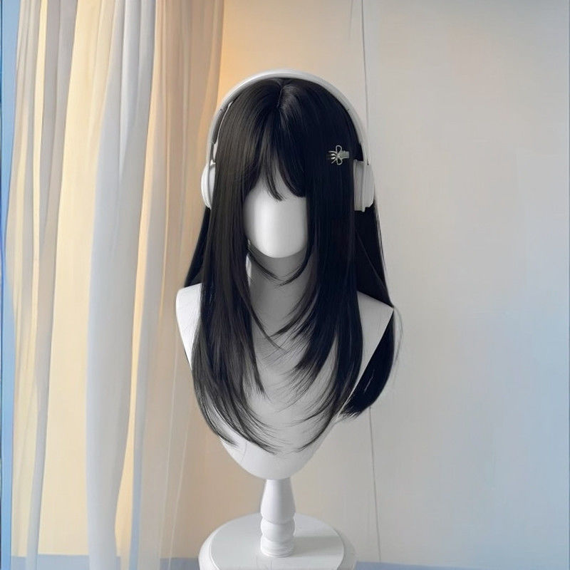 Sweet Layered Long Straight Black Lolita Japanese Student Jk Full Wig with Bangs